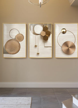 Large Framed Modern Luxury Gold Wall Art Set - 3-Piece Bright Style Art Prints for Living Room, Bronze Gold Geometric Artwork for Hallway, Staircase, and Office Decor - 24x36 Inches