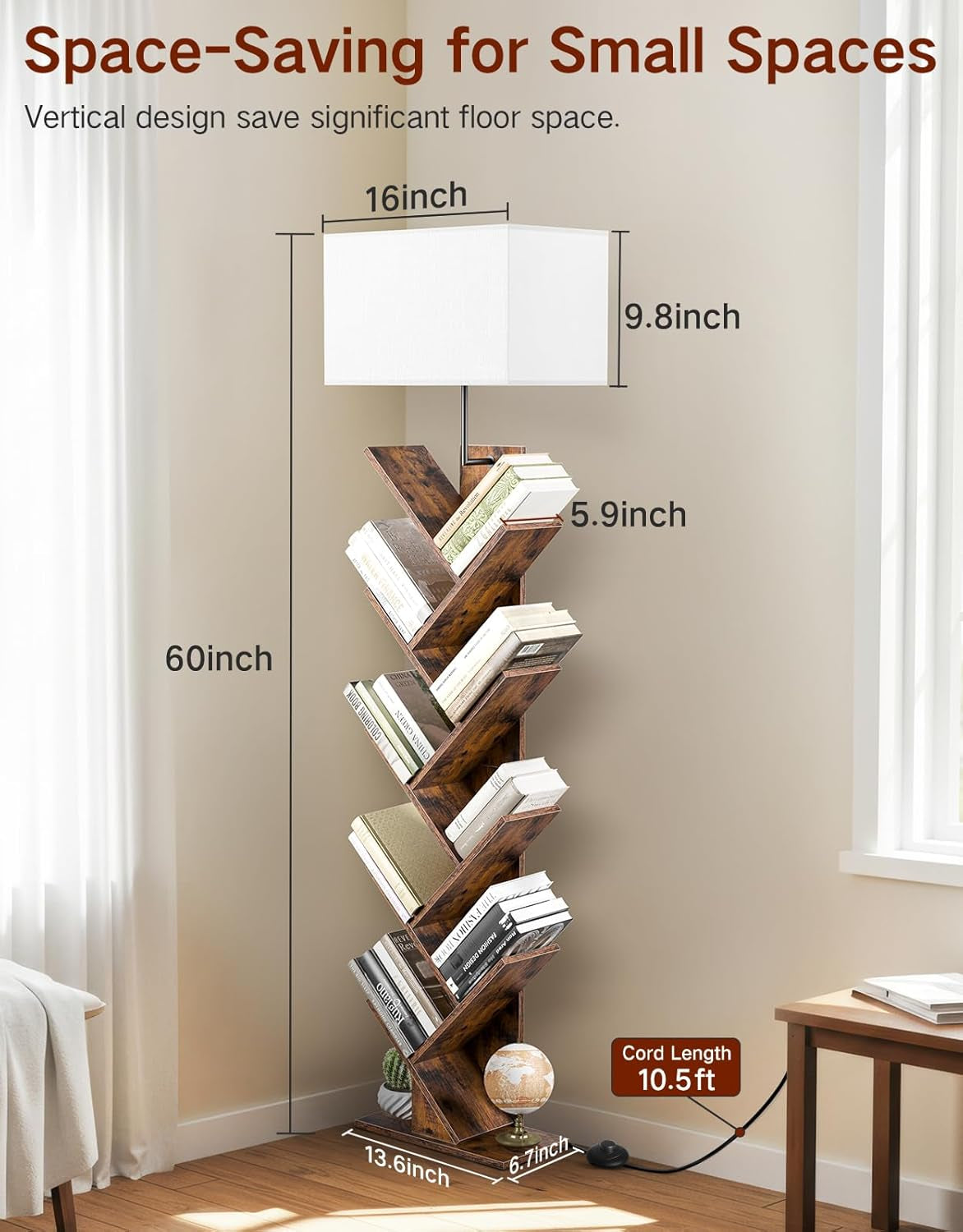 9 Tier Tree Bookshelf with Light, Remote & Timer, Modern Tall Floor Standing Book Shelf, Narrow Wood Bookcase, Small Book Organizer Shelves for Living Room, Bedroom, Office
