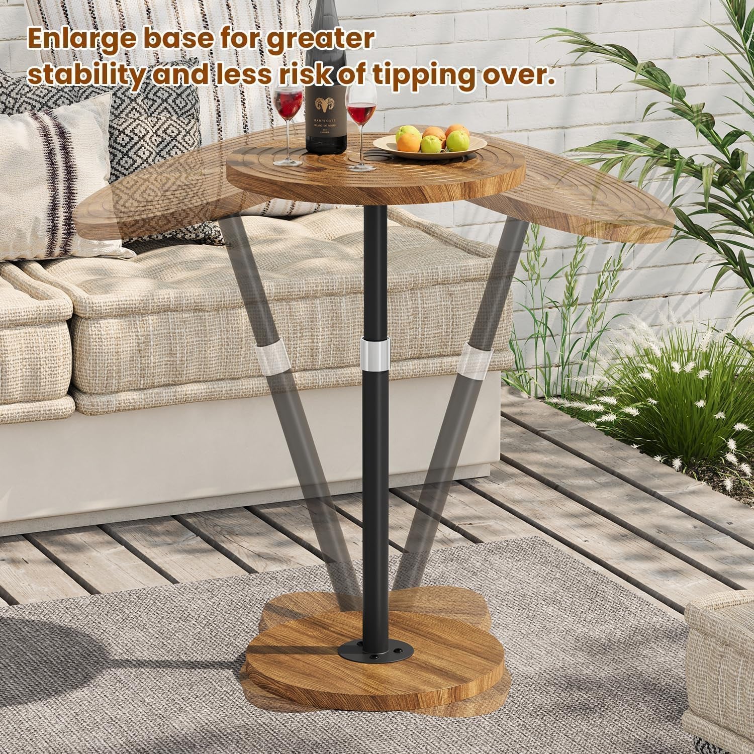 Round Side Table, Adjustable-Height Small Drink Table, Pedestal Martini Stand, Weighted Base Cocktail Table Accent Nightstand for Living Room, Bedroom, Bathroom, Office, Walnut