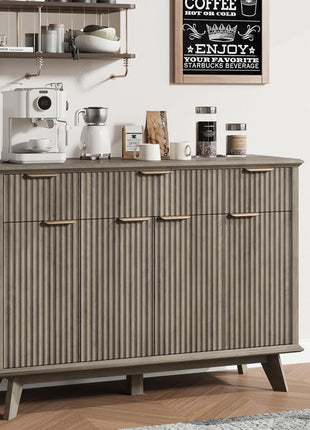 Contemporary Fluted Sideboard Buffet Cabinet with Integrated Charging Station, 47.2" Kitchen Storage Solution Featuring Drawers and Adjustable Shelves, Perfect for Dining and Living Rooms, Grey Finish