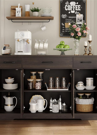 55" Modern Farmhouse Buffet Cabinet with Drawers and Shelves, Dark Brown Wood Sideboard Storage for Kitchen and Dining Room