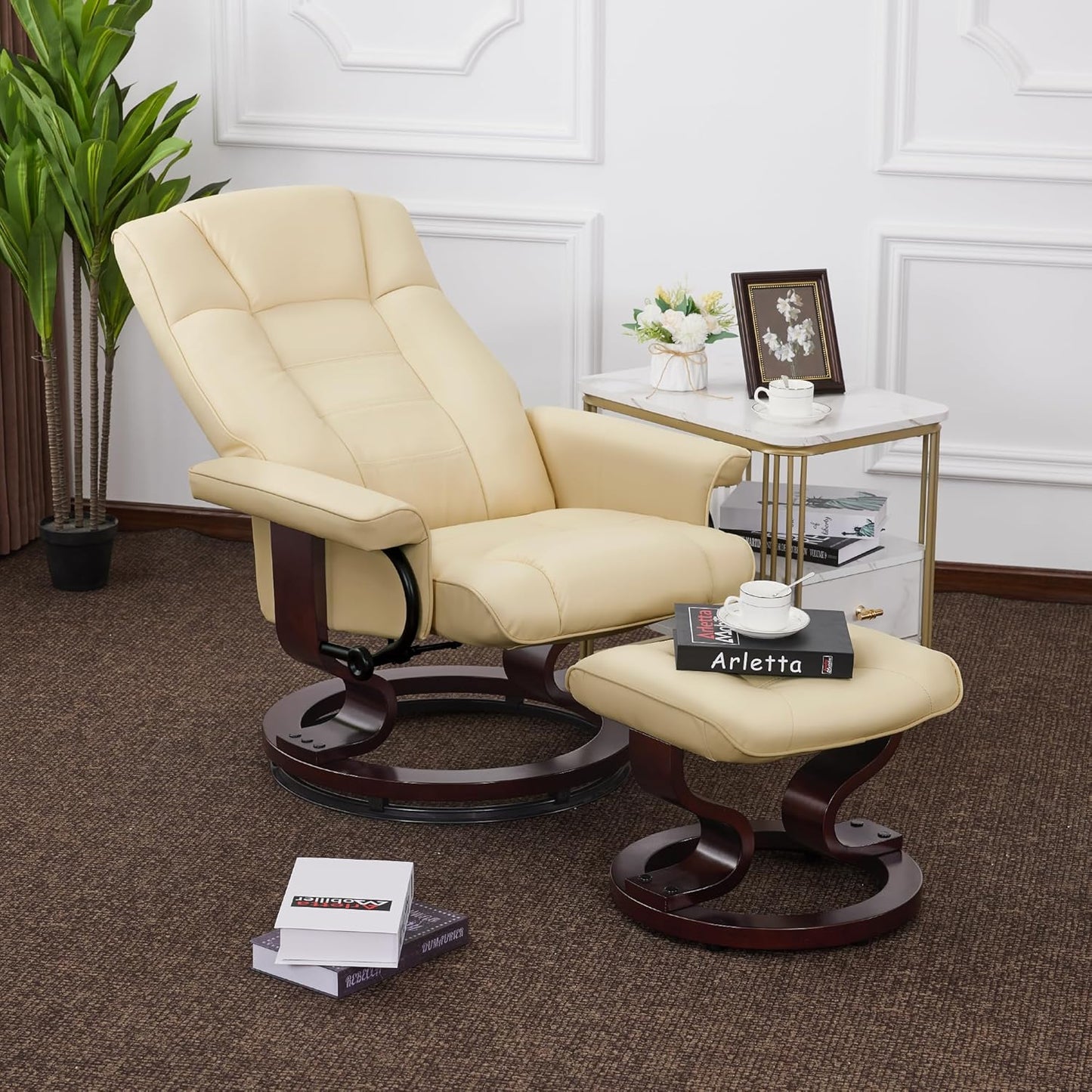 Manual Swivel Recliner with Ottoman, Chair Ottoman Set for RV Small Spaces, Living Room, Bedroom, Office 9019 4919 (Faux Leather, Cream White)