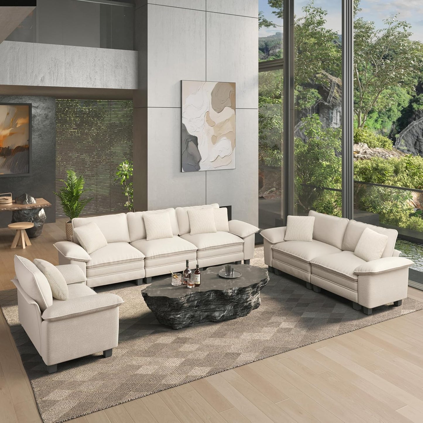 3 Pieces Modular Sectional Sofa Sets, Oversized Couch Set with Loveseats and Armchair, Comfy Cloud Couches with Throw Pillows, 6-Seater Deep Seat Sofa for Living Room, Chenille Beige