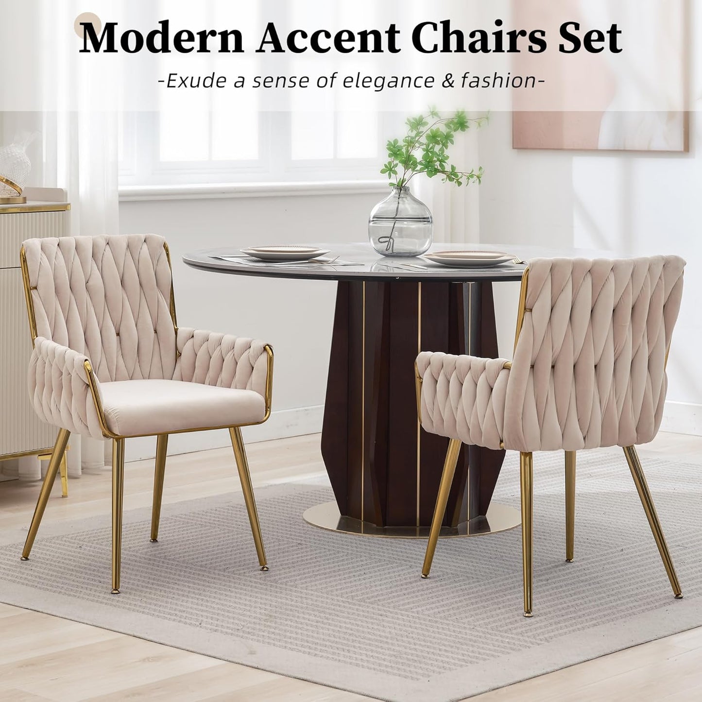 Office Desk Chair No Wheels, Woven Velvet Vanity Chair with Back & Armrest, Comfy Upholstered Cute Gold Metal Legs Makeup Aesthetic Armchair for Girls & Women Bedroom, Nail Spa, Beige