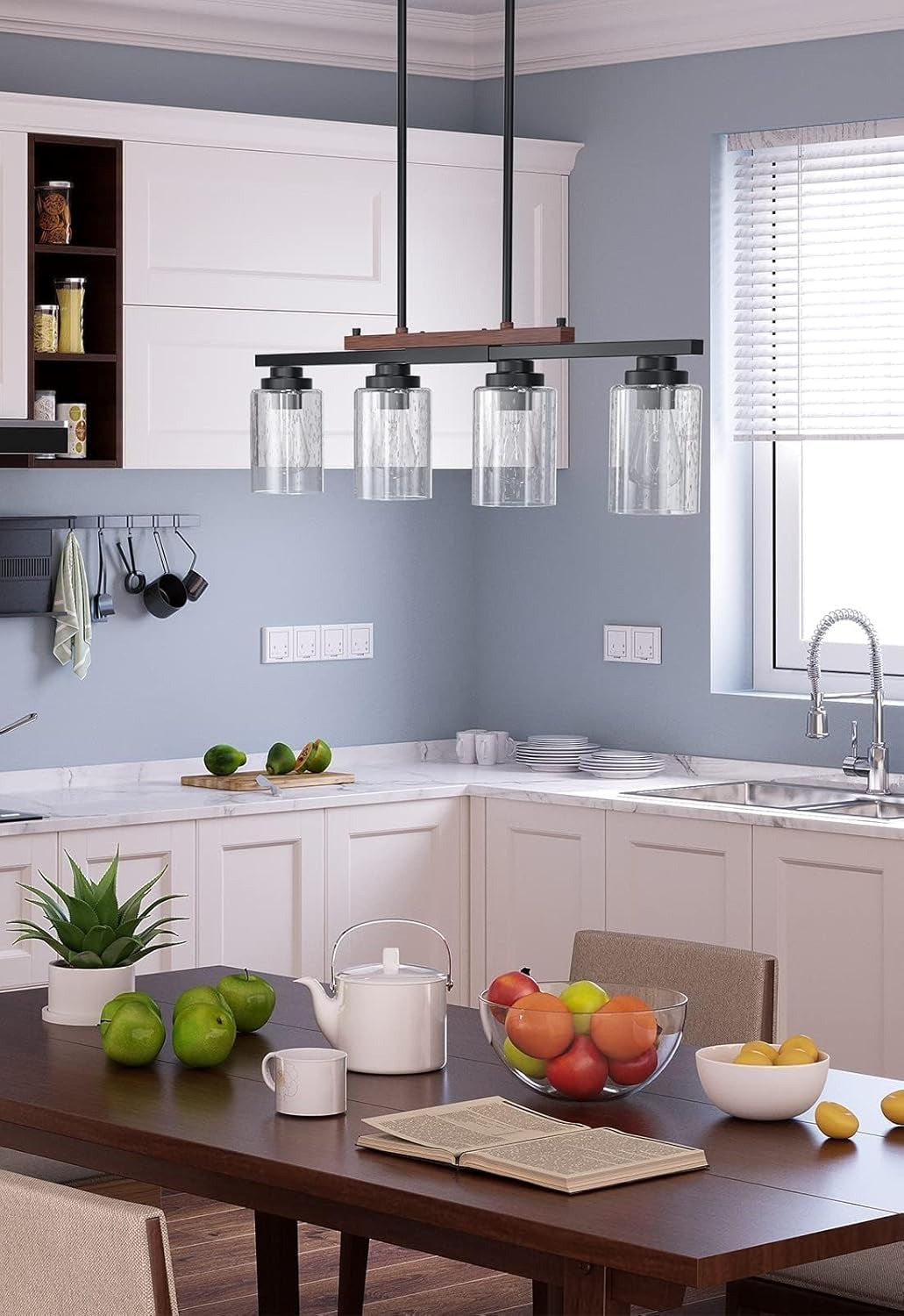 Dining Room Light Fixture 4-Light Kitchen Island Lighting with Adjustable Rods, Farmhouse Decor Black Metal & Wood Chandelier with Seeded Glass Shade, Island Lights for Kitchen