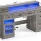Farmhouse Executive Desk with File Drawer, Computer Desk with Charging Station & LED Lights, Home Office Desk with Drawers & Storage Cabinet, Executive Office Desk with Monitor Stand, Grey
