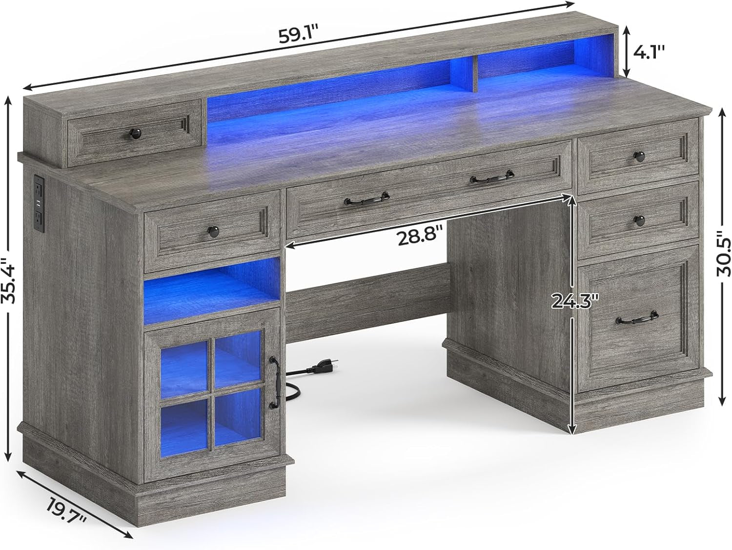 Farmhouse Executive Desk with File Drawer, Computer Desk with Charging Station & LED Lights, Home Office Desk with Drawers & Storage Cabinet, Executive Office Desk with Monitor Stand, Grey