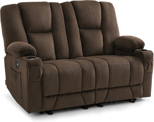 57.8" Zero Gravity Power Loveseat Sofa with Heat and Massage, Reclining Loveseat Recliner for Living Room, Fabric 6035SET (Brown)