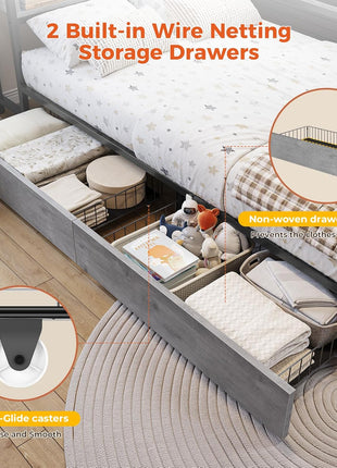 Twin Corner Bed Frame with Bookcase Storage Headboard and LED Lighting, Metal Platform Design with Drawers and Charging Station, Ideal for Kids and Teens, Oak Gray Finish