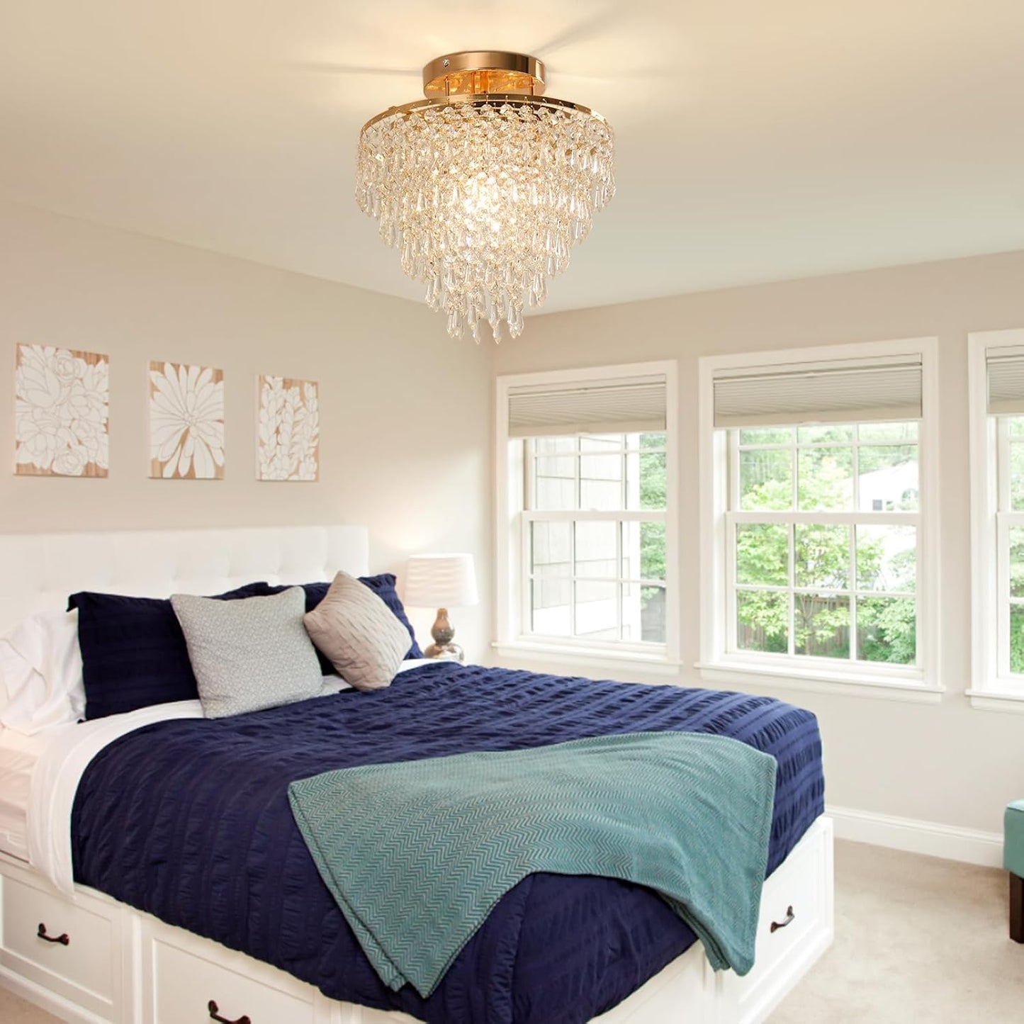 11.8" Crystal Chandelier Gold Flush Mount Ceiling Light 5 Tiers Raindrops Crystals Pendant Lighting Fixture for Bedroom Hallway Living Room E26 Base