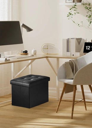 Compact Leather Folding Storage Ottoman with Thick Foam Padding, 17x13x13 Inches, Black