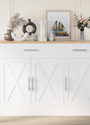 Modern Farmhouse 42" Sideboard Buffet Cabinet with Storage, Featuring 3 Barn Doors and Adjustable Shelves for Kitchen and Living Room, White Finish