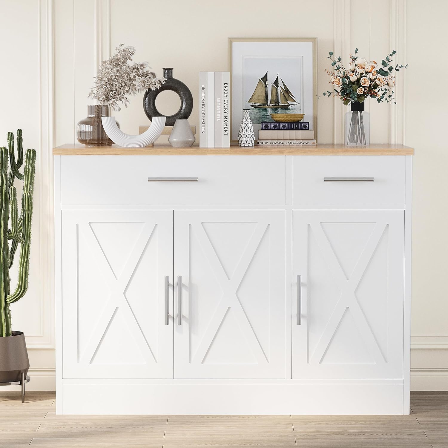Modern Farmhouse Sideboard Buffet Cabinet with Storage with 3 Doors,42" Barn Doors Buffet Cabinet with Storage, Wood Coffee Bar Cabinets with Adjustable Shelf for Kitchen Living Room,White
