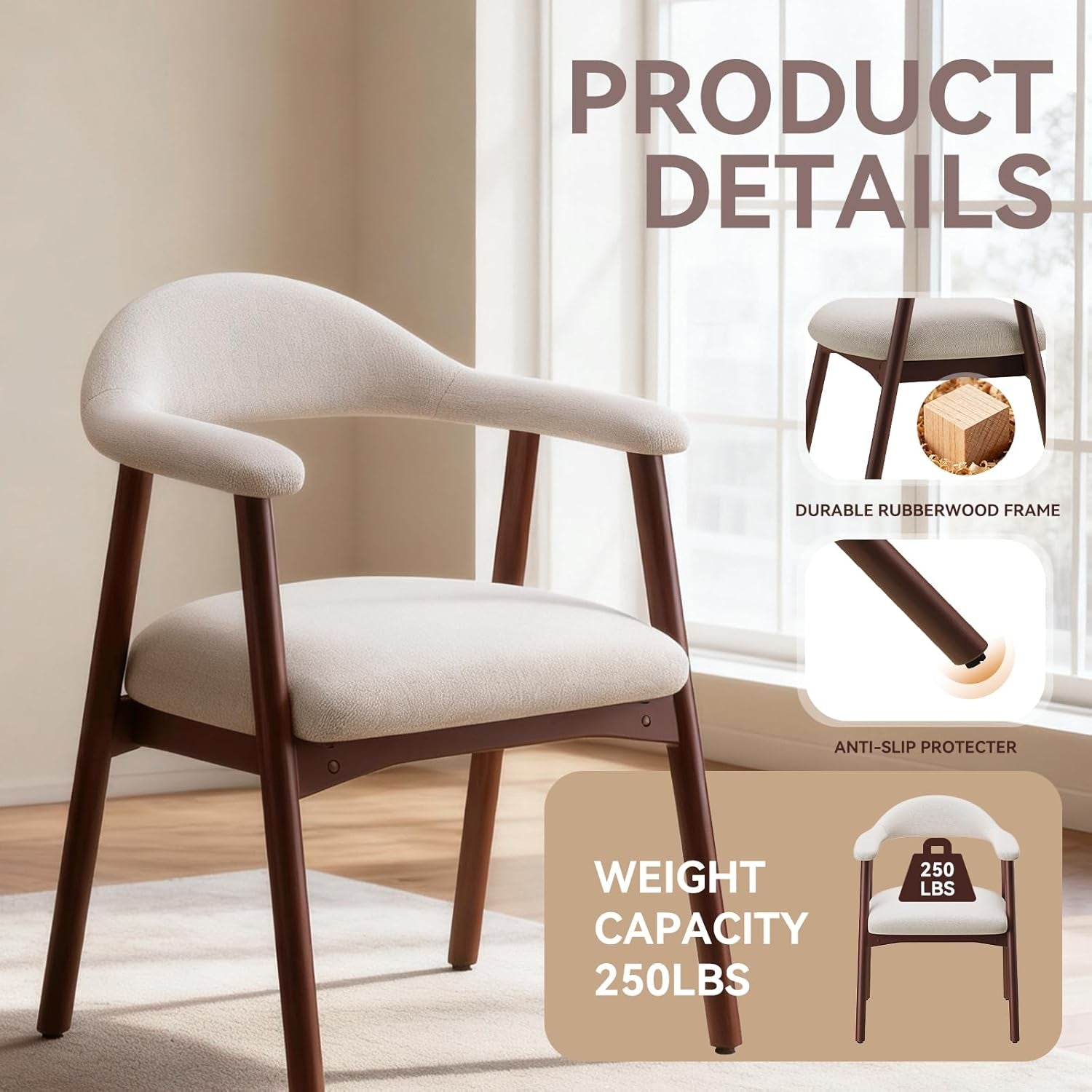 Wooden Dining Chair with Armrest Set of 4, Modern Fabric Upholstered Dining Room Chair with Curved Back and Wood Legs,Comfortable Accent Chairs for Kitchen Dining Room,Beige