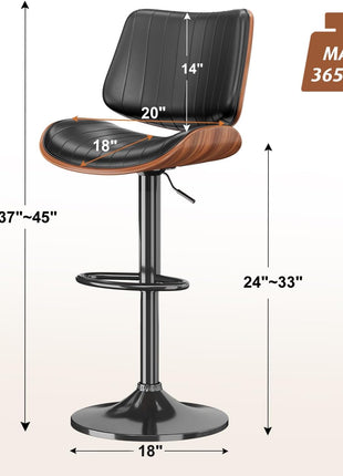 Set of 2 Adjustable Swivel Bar Stools in Mid-Century Modern Bentwood Design with PU Leather Upholstery, Backrest, and Footrest - Perfect for Kitchen Counter, Bar, or Dining Room, Black