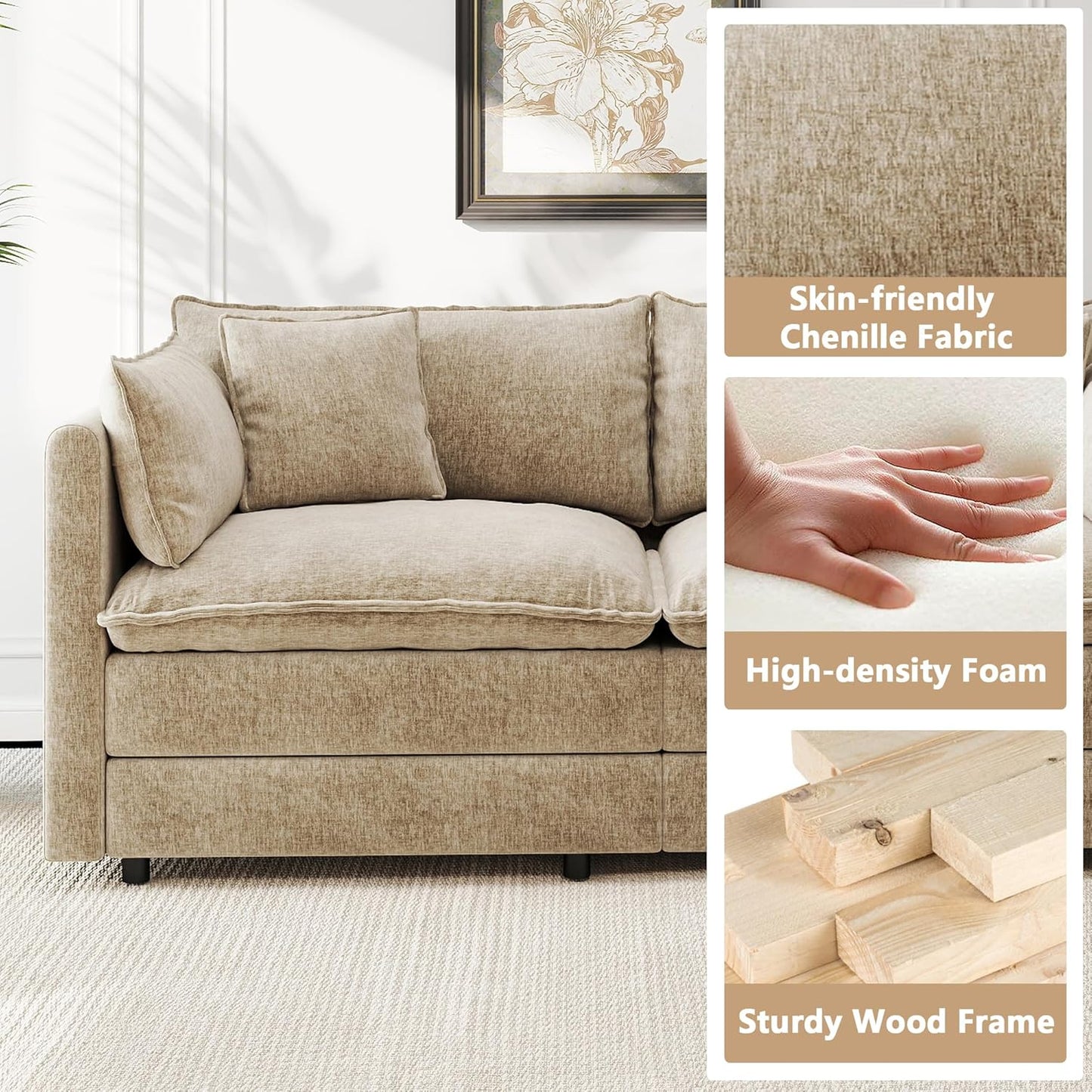 Modular Sectional Sofa Modern Convertible Loveseat Couch,77.16 Inch Deep 2-Seater Sofas Comfy Chenille Cloud Sofas and Couches Set with Movable Ottoman for Living Room Apartment（Camel）