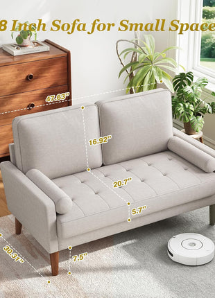 Mid-Century Modern Loveseat Sofa with Solid Wood Legs, 48" Small Couch for Living Room or Bedroom, Easy Assembly with Throw Pillow, Ashbeige