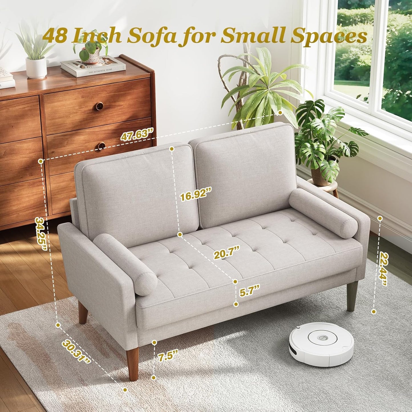 Loveseat Sofa with Solid Wood Legs, 48" Small Couches for Small Spaces, Love Seat for Living Room, Bedroom, Easy Assembly Mid Century Modern Couch with Throw Pillow for Apartment, Ashbeige