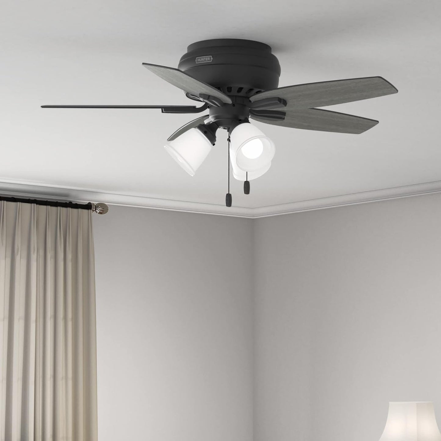 42 Inch Indoor Ceiling Fan with LED Lights - Black Ceiling Fan with Pull Chain, for Bedroom or Living Room, Low Profile Mount, No Remote, 5 Blades, Includes Bulbs - Newsome 52393, Matte Black