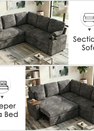 81" Modular L-Shaped Sleeper Sofa with Adjustable Backrest and 360° Swivel Side Table in Elegant Grey Chenille for Enhanced Living Room Functionality