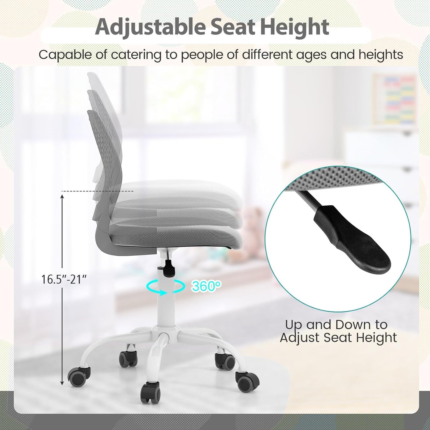 Small Home Office Desk Chair, Swivel Rolling Study Computer Chair, Adjustable Height Task Chair with Armless Mid Back, Upholstered Mesh Seat, Grey