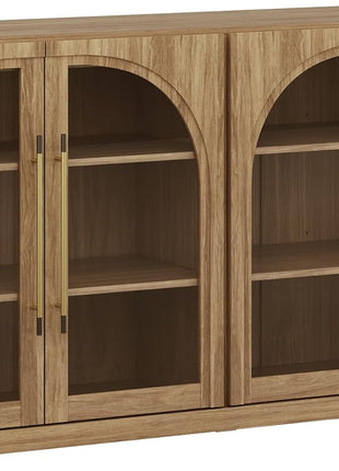 65" Arched Sideboard with Glass Doors, Accent Buffet Cabinet Featuring Storage and Adjustable Shelves, Classic Modern Console Table for Dining Room, Living Room, and Entryway (Camel)