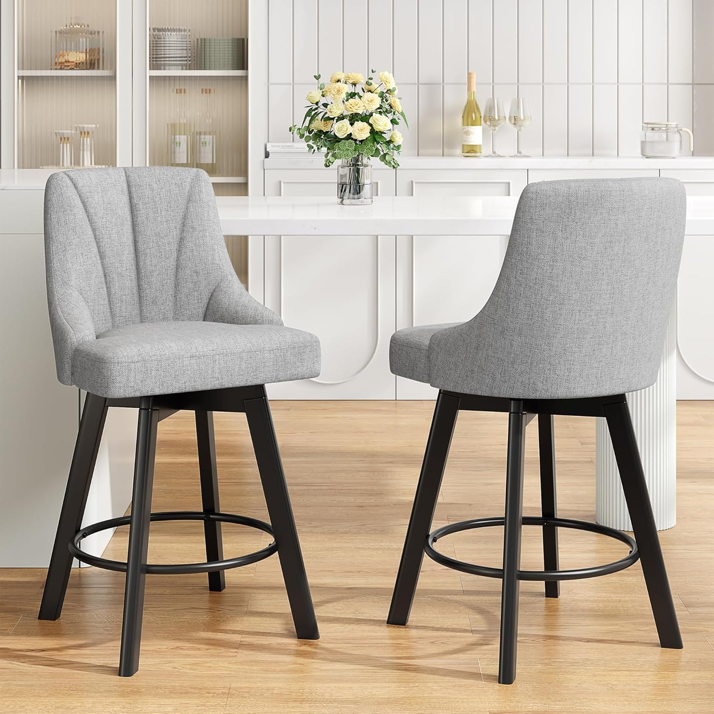 Swivel Bar Stools with Backs, 24" Counter Height Bar Stools Set of 2, Fabric Upholstered Counter Barstools with Solid Wood Legs for Kitchen Island, Home Bar, Light Gray