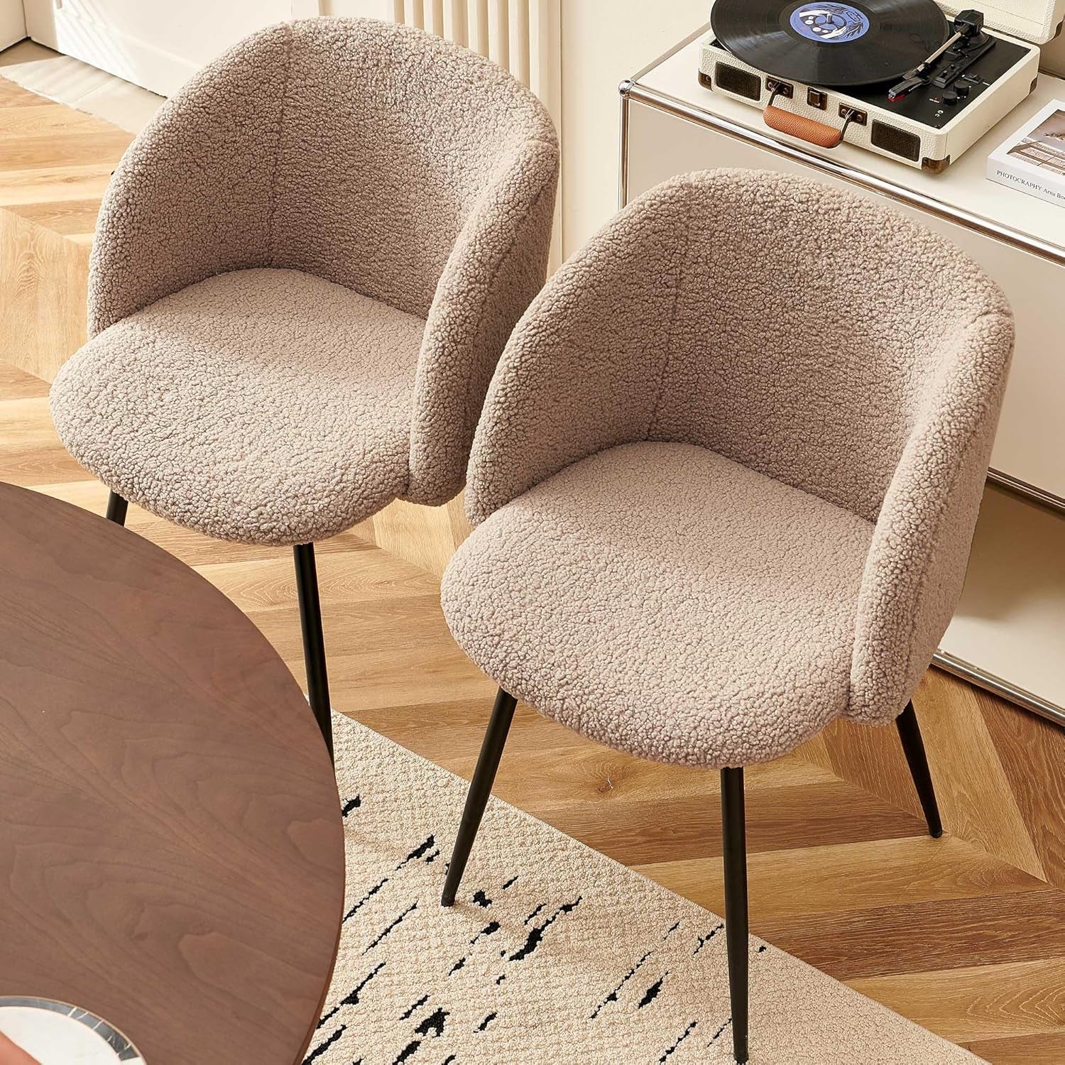 5 Piece 47-Inch round Dining Table Set for 4, Rustic Walnut Dinner Table with Upholstered Dining Room Chairs Brown, Engineered Wood Kitchen Table with Wood Strips Base