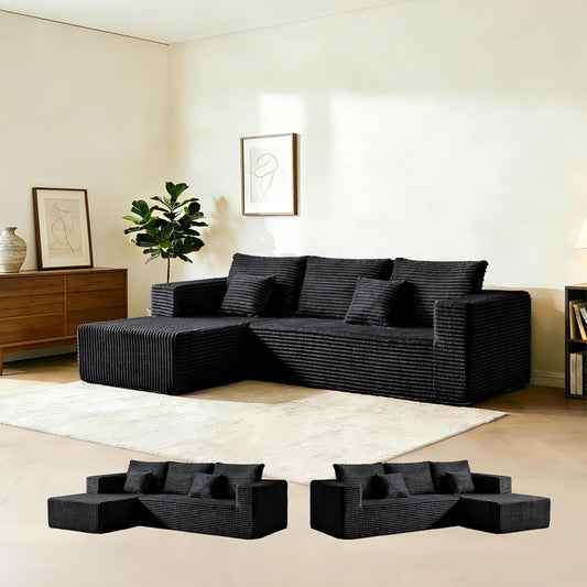 106" Black Corduroy Boneless Modular Sectional Sofa, Cloud-Louch Deep Seat Sofa with Left Chaise for Living Room & Bedroom（L-Shaped Left Facing Chaise）