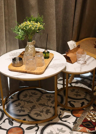 Modern Industrial Nesting Coffee Table Set of Two with Gold Frame and Marble Finish, White Circular Wooden Design for Living Room and Bedroom