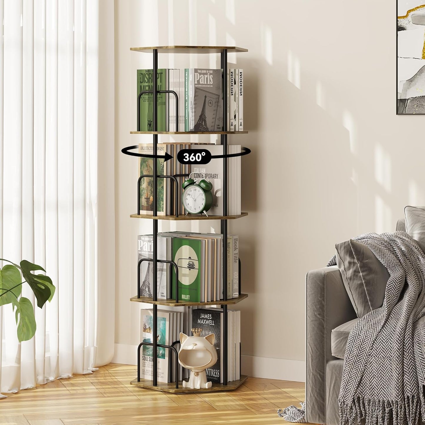 4 Tier Rotating Bookshelf Tower, Revolving 360 ° Spinning Bookcase, Hexagonal Corner Book Shelf Storage Carousel, Vertical Rotate Turning Organizer Book Shelves for Living Room Office Bedroom