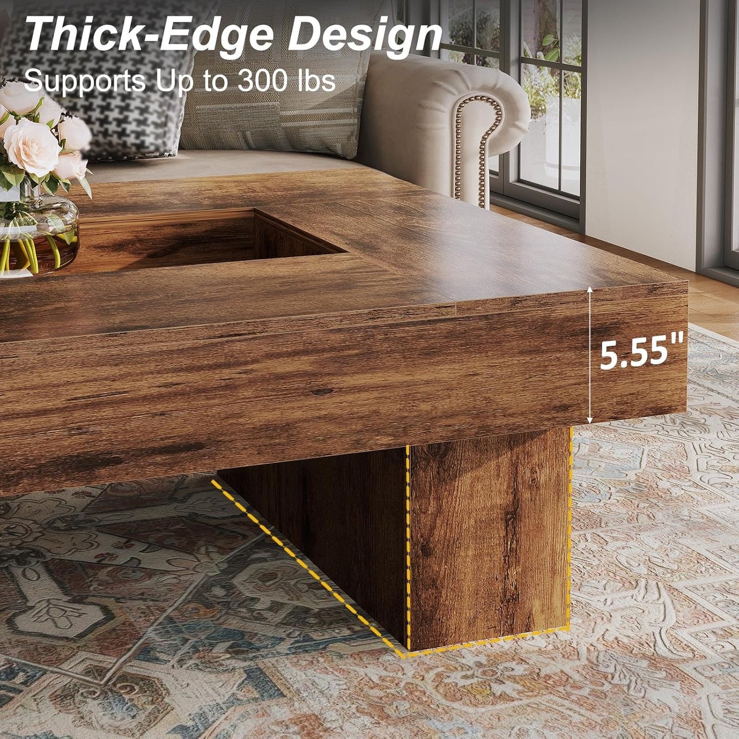 Rustic Coffee Table, Large Wood Living Room Table with Storage, Modern Long Rectangle Led Center Table, Farmhouse Unique Low Wide Tea Table with LED Light for Home Office, 47.24 In, Rustic Brown