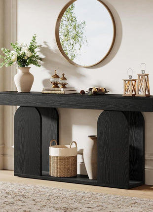 70.9-Inch Extra Long Farmhouse Console Table with Wooden Frame and Storage Shelf, 2-Tier Sofa Table for Living Room, Hallway, and Foyer in Black