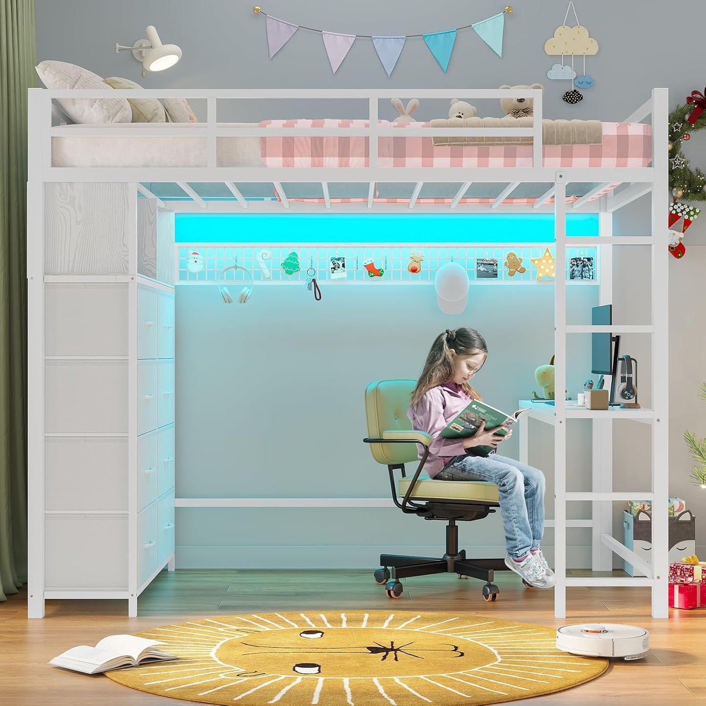 Twin Size Loft Bed with Desk and 8 Storage Drawers, Metal Kids Loft Bed Twin with LED Lights & Charging Sation, Storage Shelves, 13.1" H Safety Guard & Ladder, No Box Spring Needed, White