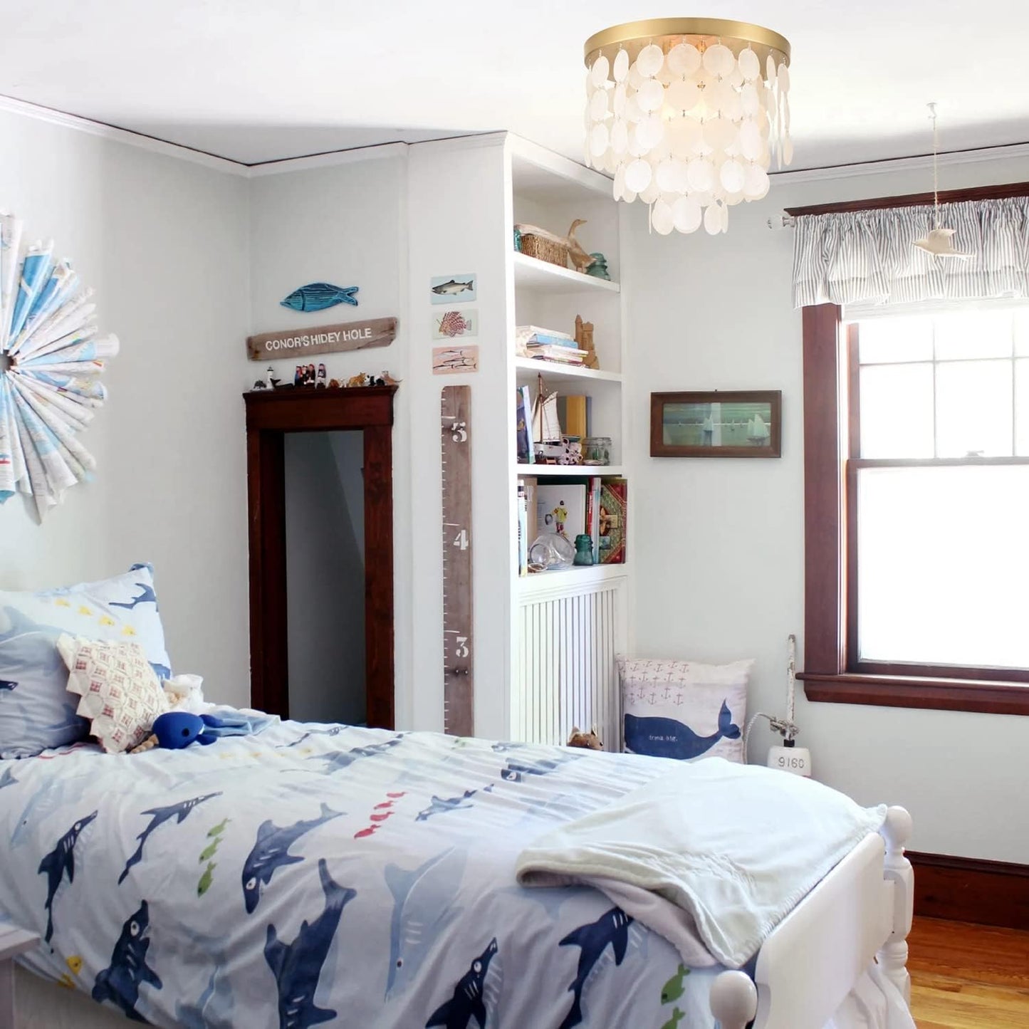 13.8" Capiz Shell Ceiling Light,Brushed Brass Finish, 3 Light Flush Mount Light for Bedroom, Hallway, Entryway ETL Listed, AL2608-S3