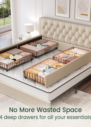 King Size Upholstered Platform Bed Frame with Tufted Headboard and 4 Storage Drawers, Heavy Duty Wood Slats, No Box Spring Required, Easy Assembly, Beige