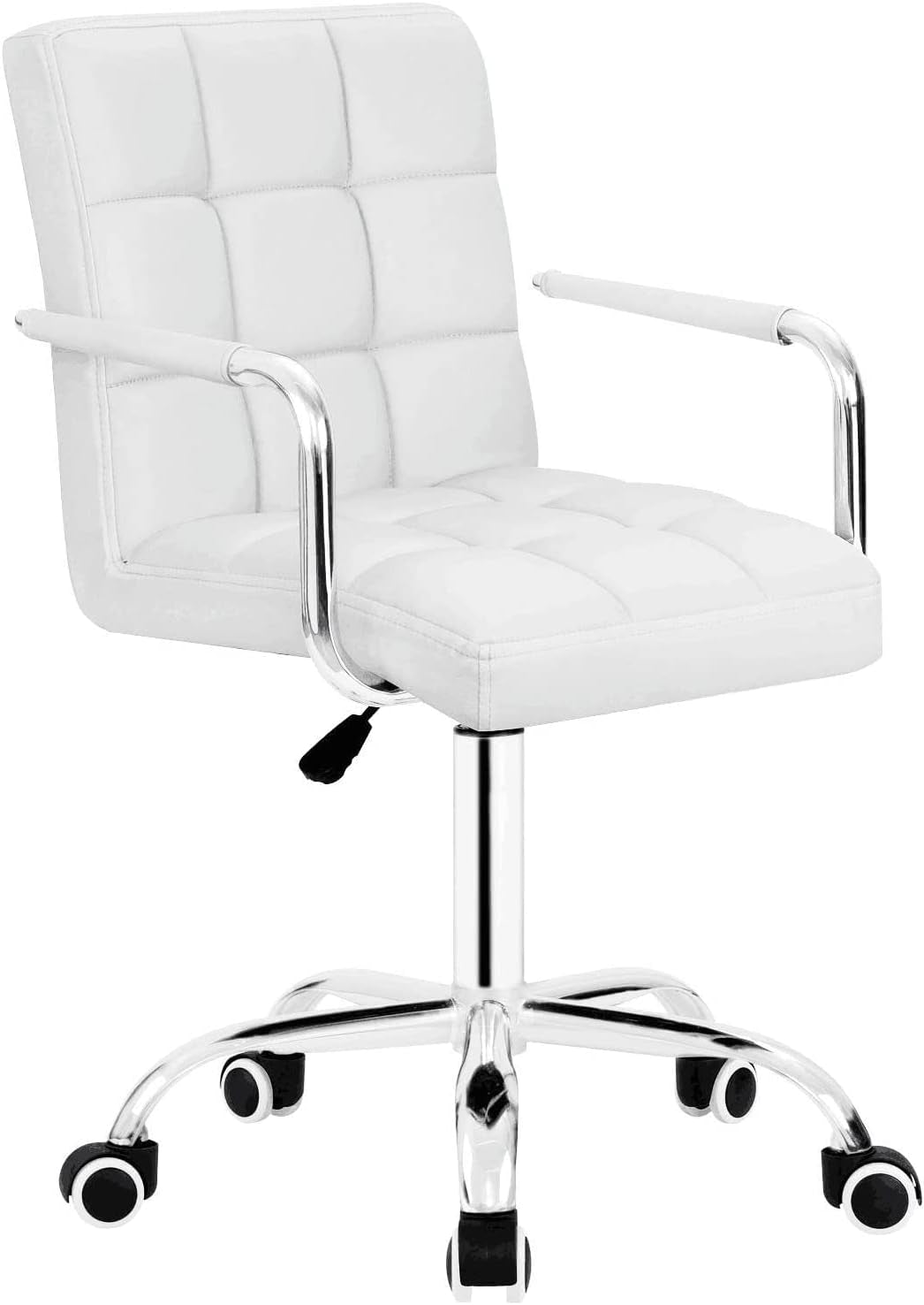 Desk Modern Office Chair with Wheels Vanity Chair PU Leather Mid-Back Rolling Cute for Office, Teen, and Bedroom Desks (White)