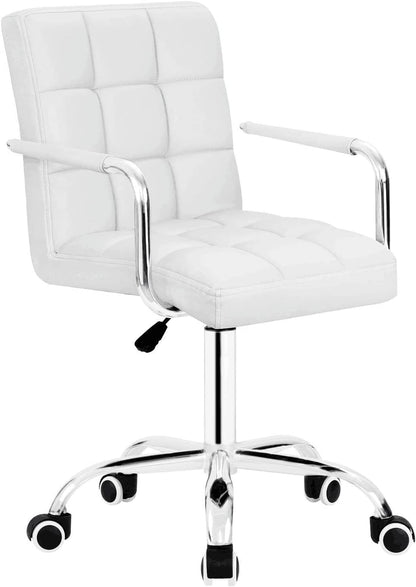 Desk Modern Office Chair with Wheels Vanity Chair PU Leather Mid-Back Rolling Cute for Office, Teen, and Bedroom Desks (White)