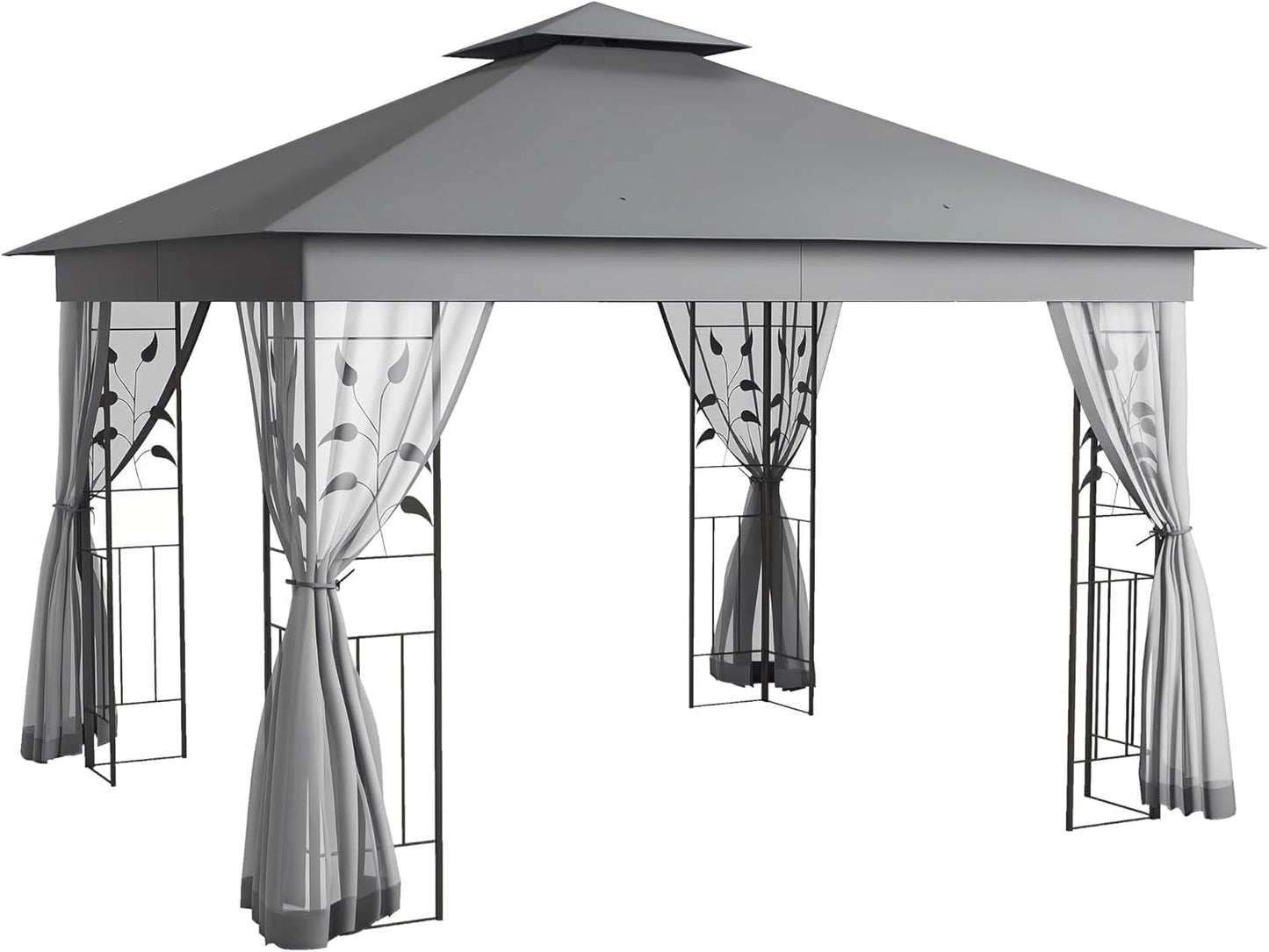 10' X 11.5' Metal Patio Gazebo, Double Roof Outdoor Gazebo Canopy Shelter with Tree Motifs Corner Frame and Netting, for Garden, Lawn, Backyard, and Deck, Gray