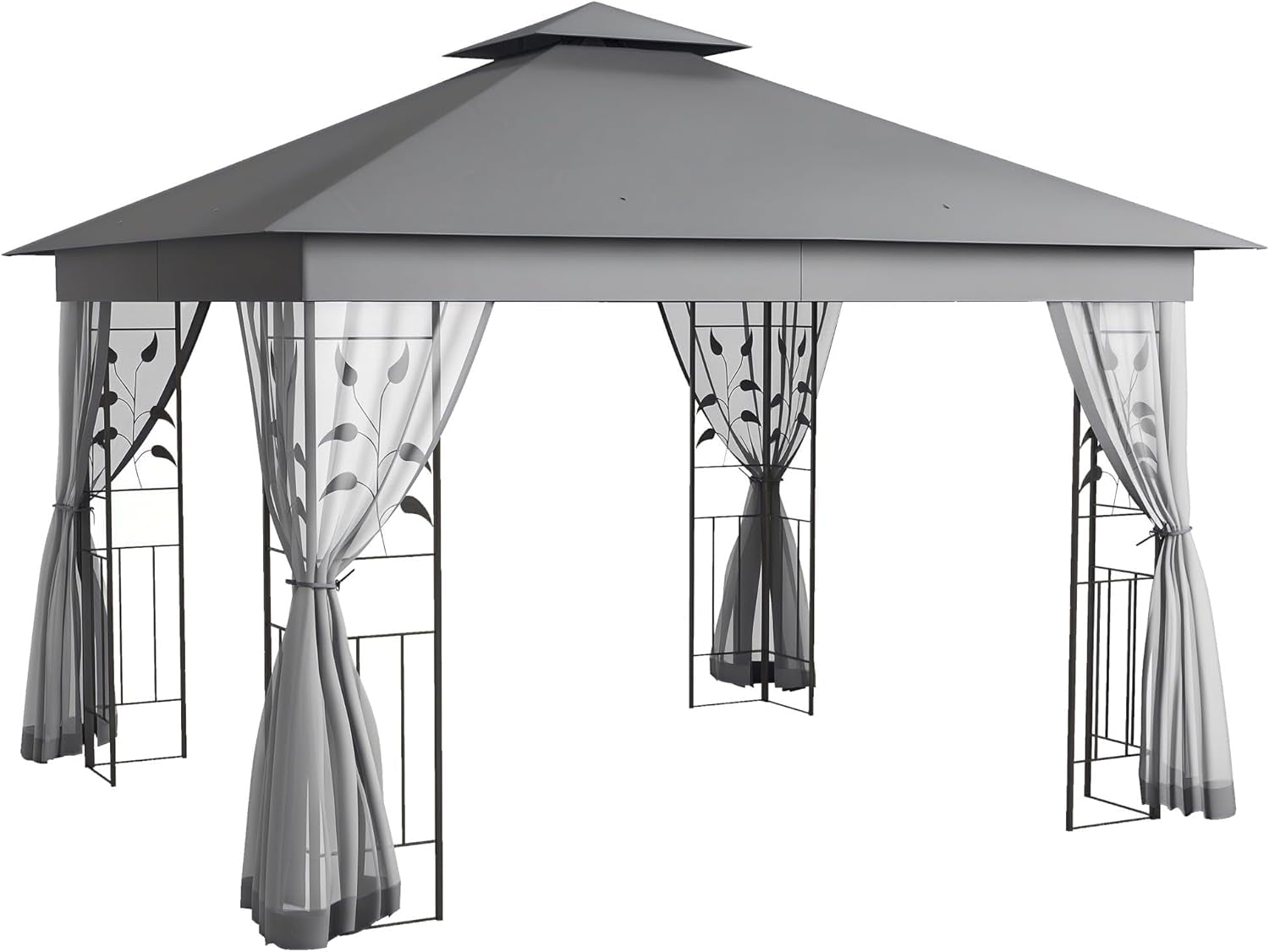 10' X 11.5' Metal Patio Gazebo, Double Roof Outdoor Gazebo Canopy Shelter with Tree Motifs Corner Frame and Netting, for Garden, Lawn, Backyard, and Deck, Gray
