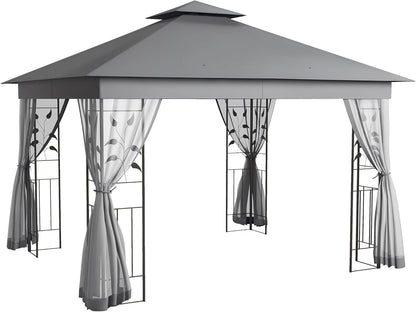 10' X 11.5' Metal Patio Gazebo, Double Roof Outdoor Gazebo Canopy Shelter with Tree Motifs Corner Frame and Netting, for Garden, Lawn, Backyard, and Deck, Gray