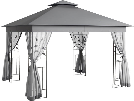 10' X 11.5' Metal Patio Gazebo, Double Roof Outdoor Gazebo Canopy Shelter with Tree Motifs Corner Frame and Netting, for Garden, Lawn, Backyard, and Deck, Gray