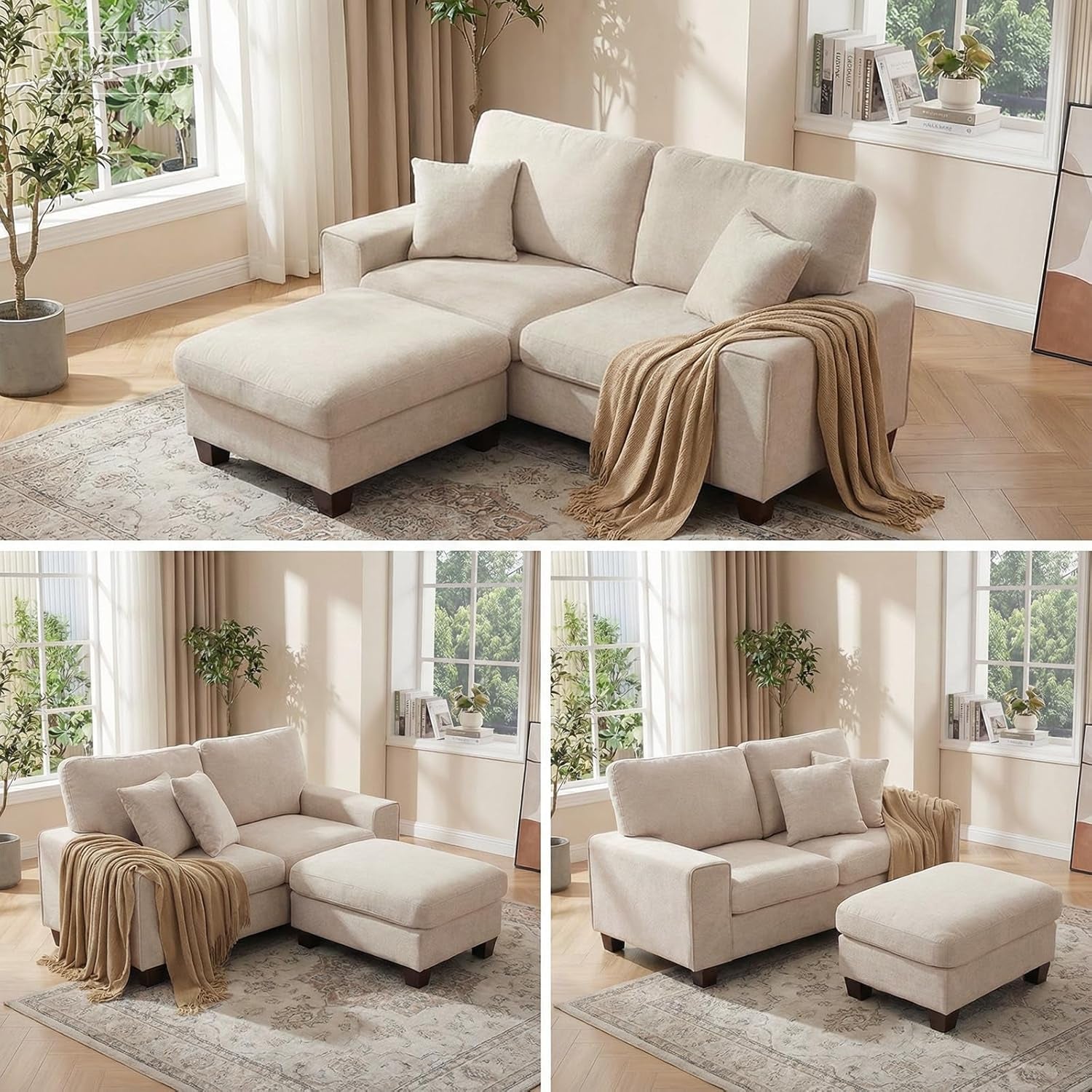 L-Shaped Sectional Sofa with Storage Ottoman, Modern Chenille Recliner Loveseat, Removable Couch Covers, Pocket Spring Cushions, Solid Wood Frame, Easy to Install (71.25Inch, Beige)