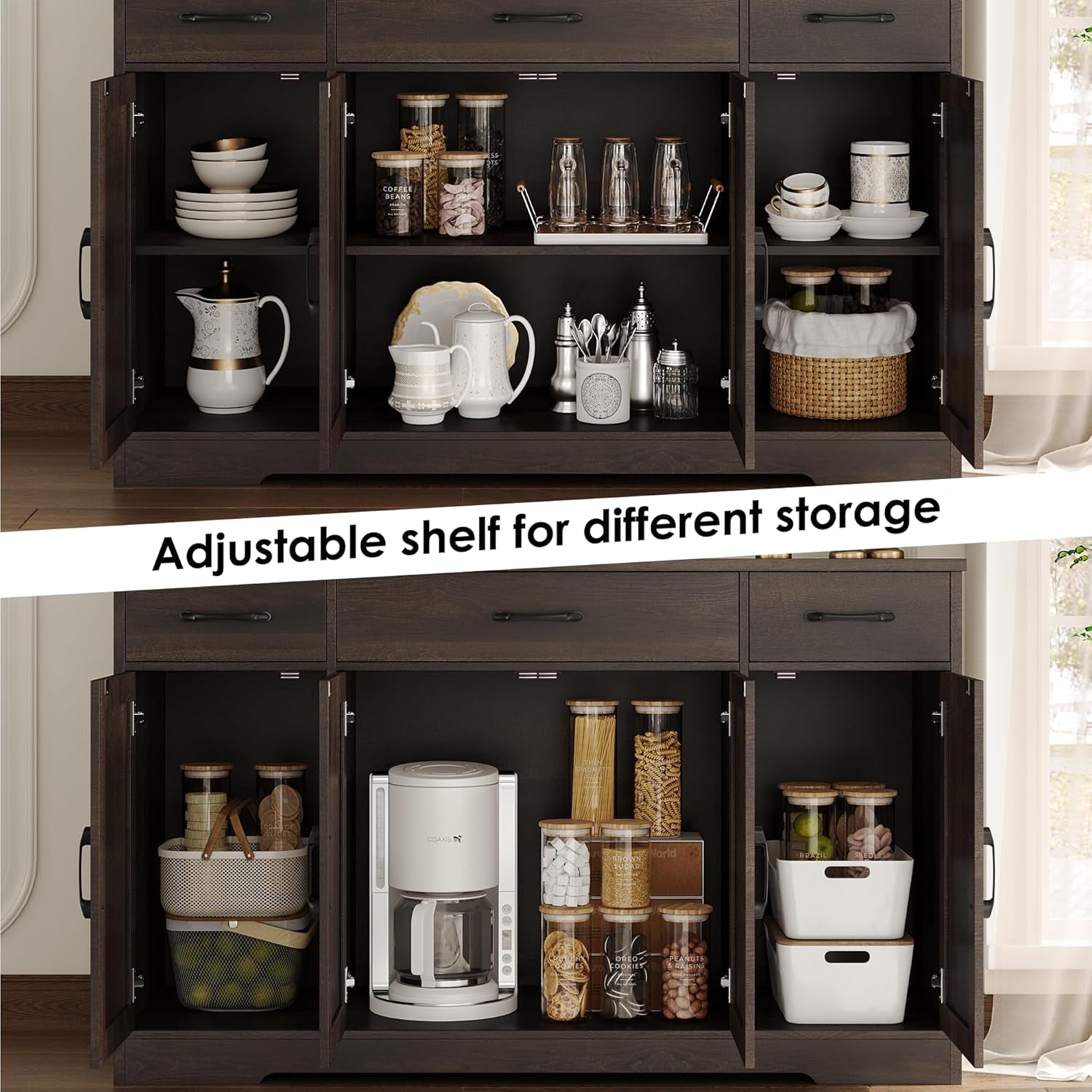 Buffet Cabinet with Drawers, 55" Large Sideboard Buffet Storage Cabinet with Shelves and Doors, Modern Farmhouse Coffee Bar Station Wood Kitchen Table for Kitchen, Dining Room, Dark Brown