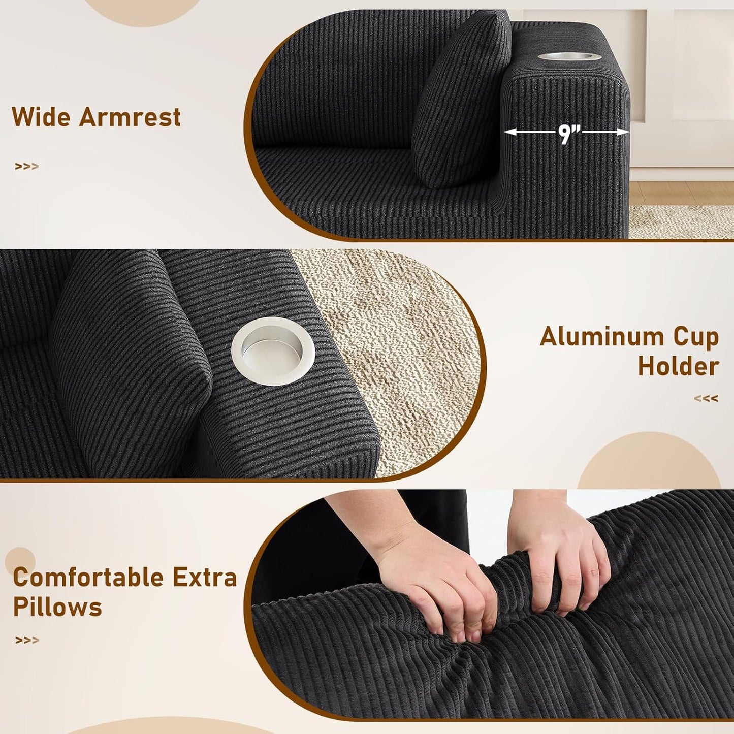 112" U Shaped Modular Sectional Sofa with 2 Ottomans, Boneless Cloud Couch with Chaise for Living Room, Modern Deep Seat Lounge Sleeper Couch Bed, No Assembly, Corduroy Black