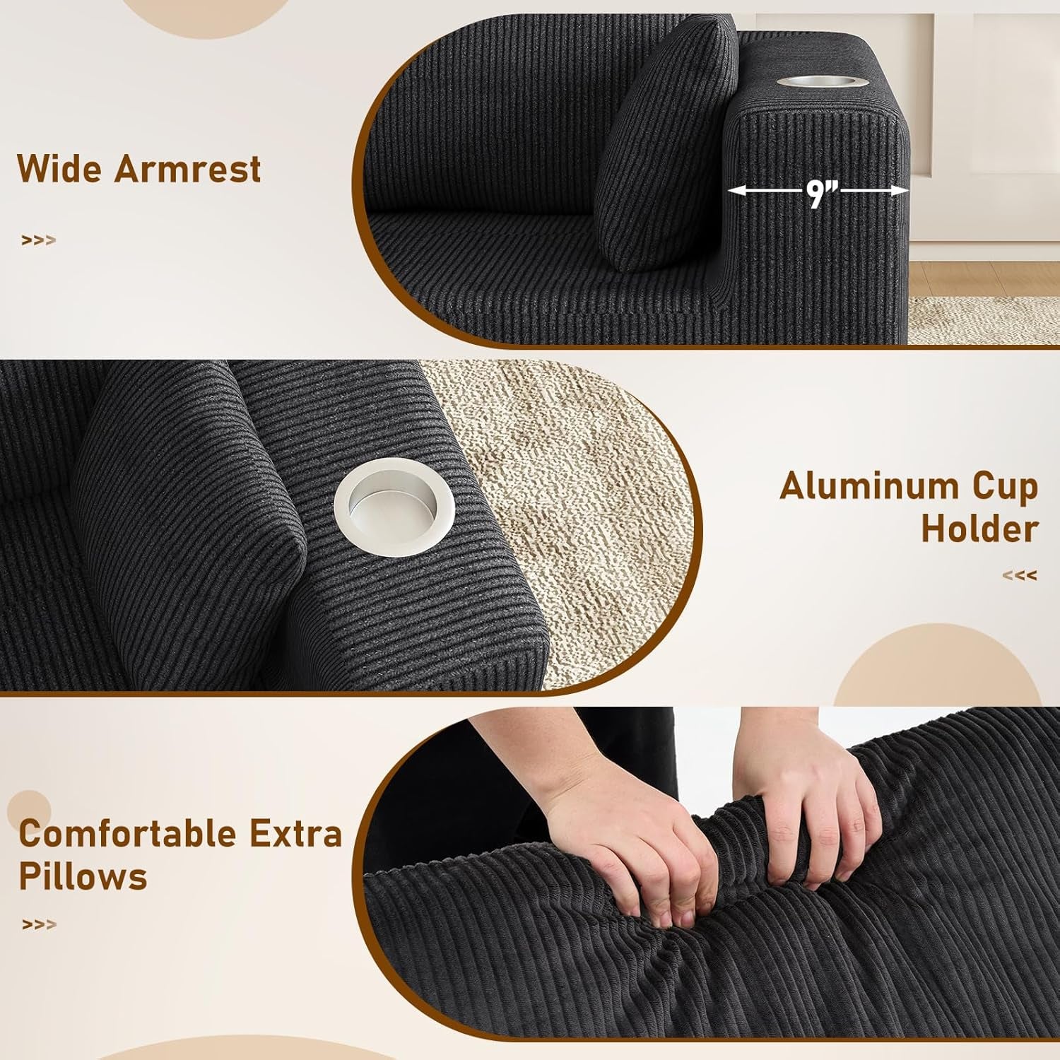 112" U Shaped Modular Sectional Sofa with 2 Ottomans, Boneless Cloud Couch with Chaise for Living Room, Modern Deep Seat Lounge Sleeper Couch Bed, No Assembly, Corduroy Black