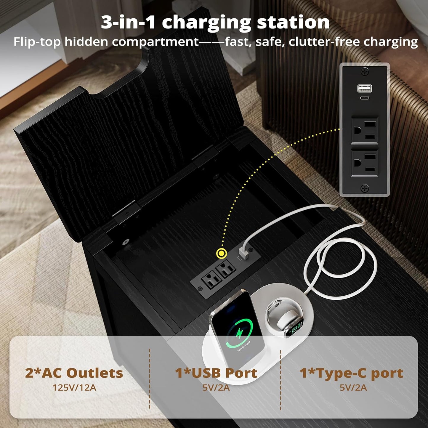 End Table with Charging Station, Narrow Side Table for Living Room, Farmhouse Night Stand for Bedroom, Bedside Table with Storage and Drawer for Home, Black