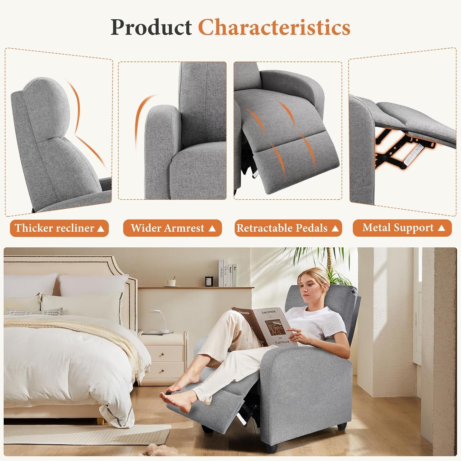 Recliner Chair Fabric Recliner Sofa No Massage, Home Theater Seating with Lumbar Support, Adjustable Push Back Overstuffed High-Density Sponge Reclining for Living Room, Slate Gray