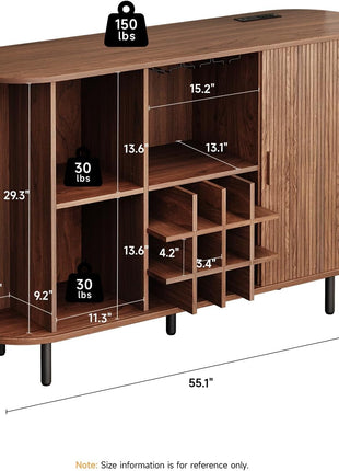 55-Inch Contemporary Wine Bar Cabinet with LED Lighting, Wine Rack, and Glass Holder - Farmhouse Buffet Sideboard for Living Room, Kitchen, and Entryway in Walnut Finish