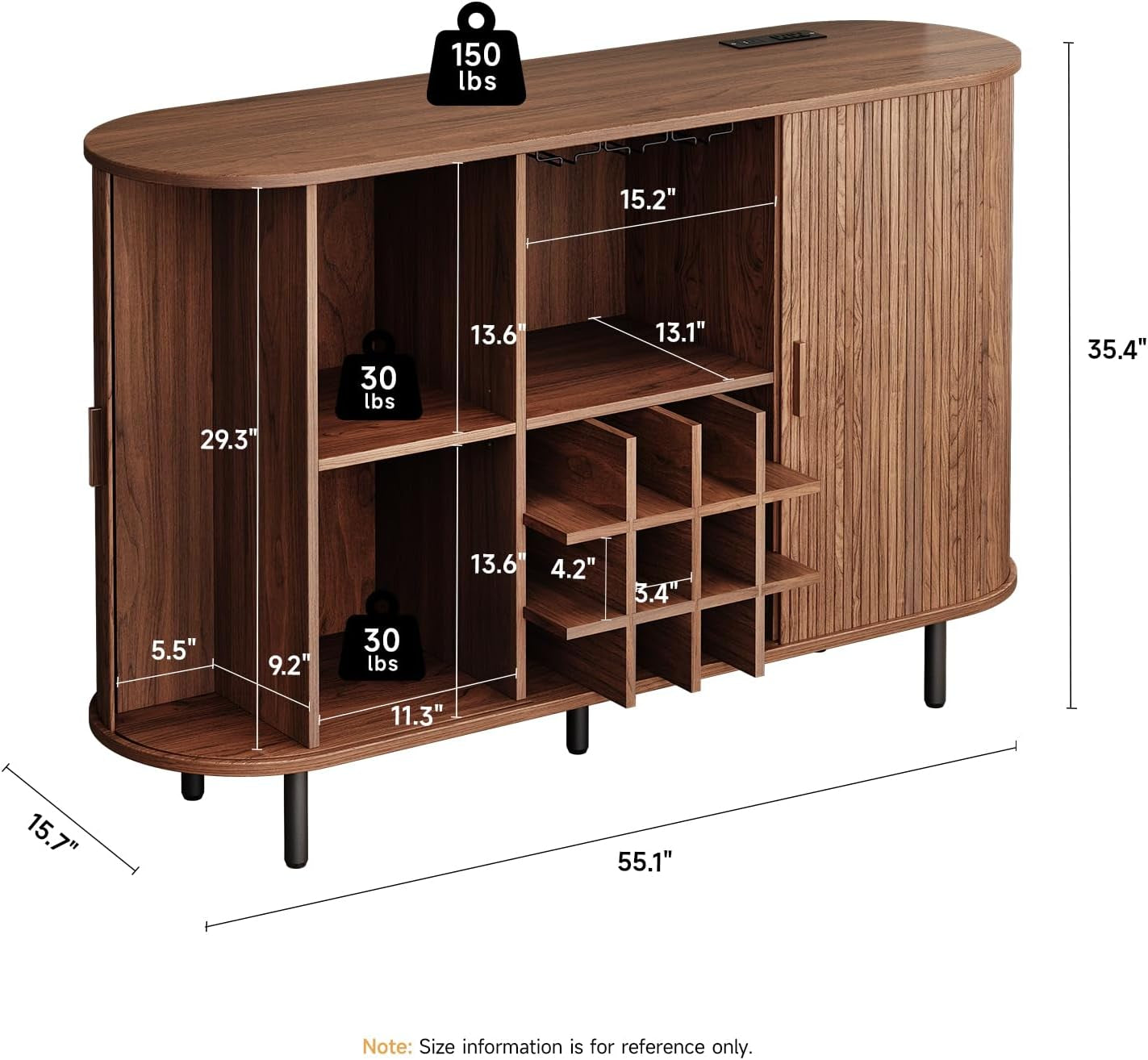 55" Wine Bar Cabinet with LED Light,Modern Liquor Whiskey Coffee Station with Wine Rack and Glass Holder, Farmhouse Buffet Sideboard with Storage for Living Room, Kitchen, Entryway (Walnut)